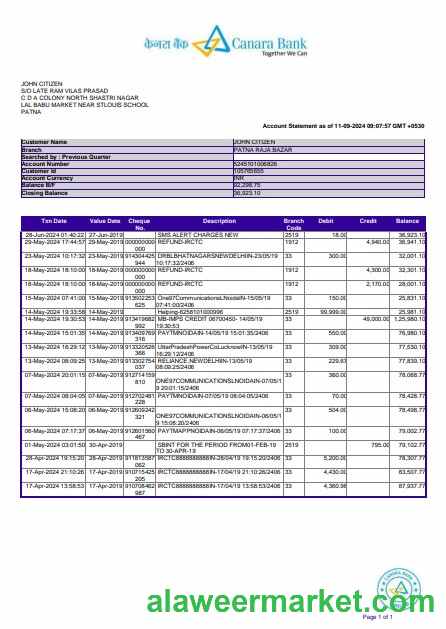 India Canara bank statement 3 - 6 months Word and PDF example, version 2
